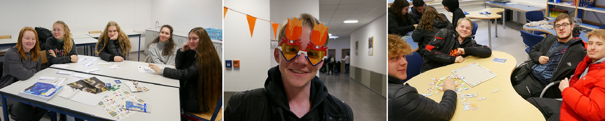 Bildcollage. Links: Sch&uuml;lerinnen an einem Gruppentisch sitzend, in der Mitte: ein Jugendlicher mit einer Verkleidungsbrille mit Tulpenmotiv, Rechts: 4 jugendliche Jungs machen ein Puzzle am Tisch. 