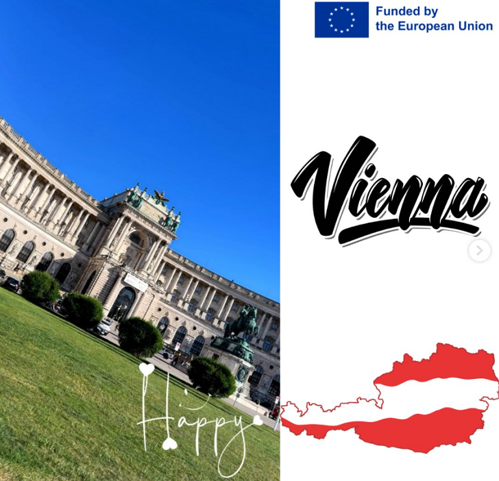 Wien: Blick auf die Hofburg am Heldenplatz; daneben Sticker „Vienna“ mit EU‑Förderhinweis und Österreich‑Umriss.