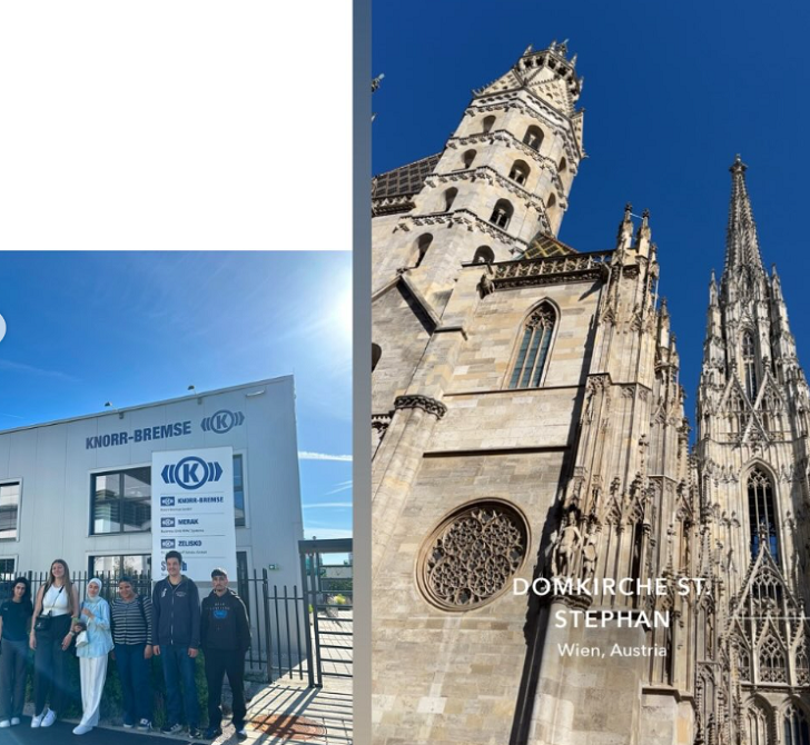 Bildcollage: Links Schüler vor einem Gebäude mit der Aufschrift "Knorr-Bremse", rechts eine historische Kirchenfassade und der Schriftzug "Domkirche St. Stephan, Wien, Austria. "