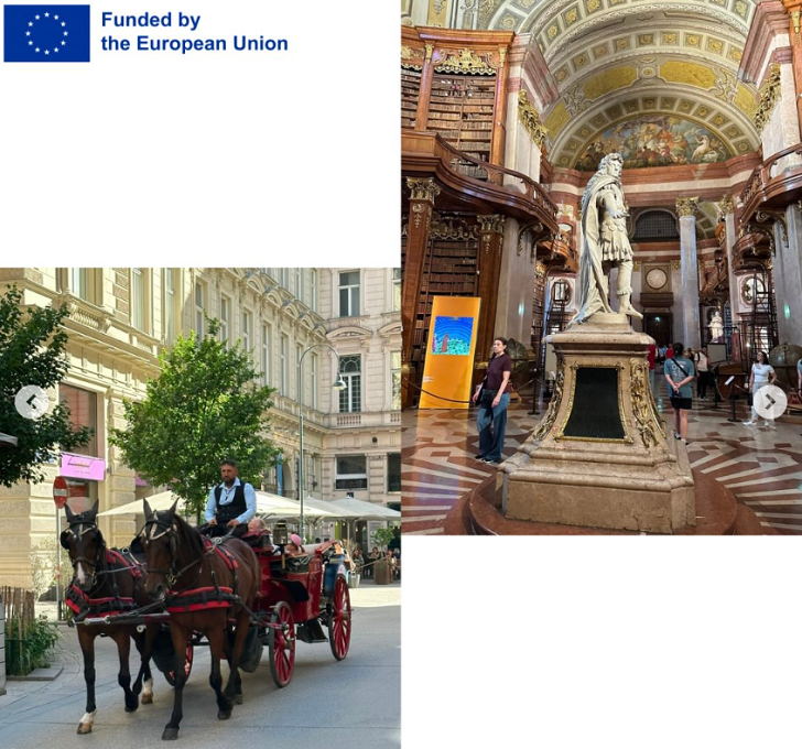 Oben links der Schriftzug: "Funded by the European Union". Rechts eine Statue in einem Museum, Links eine historische Pferdekutsche. 