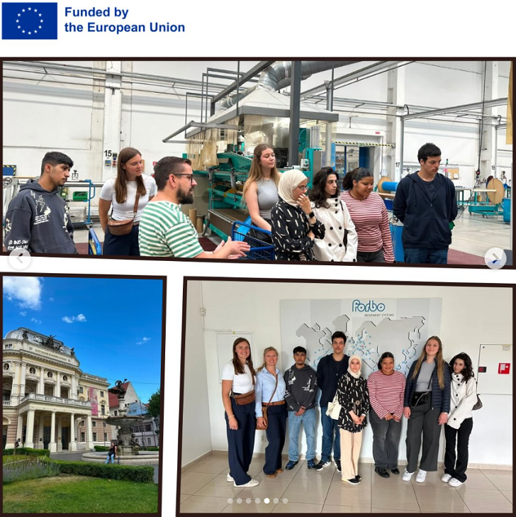 Bildcollage: Oben links der Schriftzug: "Funden by the European Union", darunter ein Gruppenbild einer Fabrikbesichtigung mit Jugendlichen, Unten links ein imposantes Gebäude mit Säulen, rechts daneben ein Gruppenbild Jugendlicher vor einer Weltkarte mit der Aufschrift "forbo".