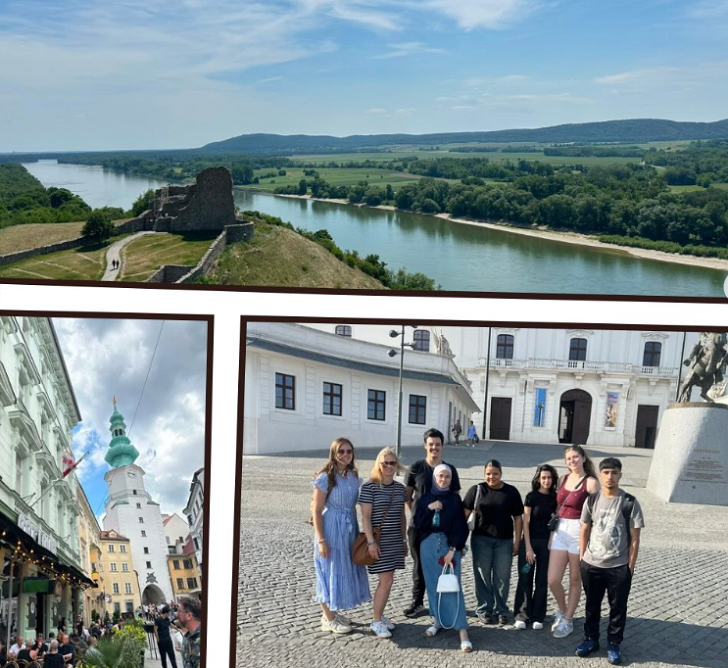 Bildcollage: Oben eine sommerliche Flusslandschaft, darunter links unten Fassaden einer historischen Altstadt mit Kirchturm, rechts ein Gruppenbild von Jugendlichen auf einem sonnigen Platz in der Stadt. 