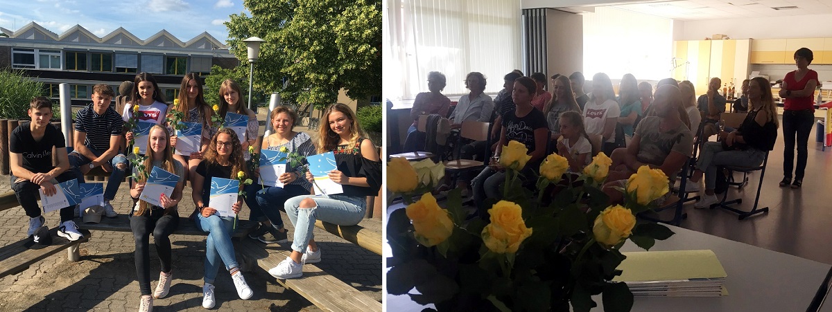 Bildcollage. Links: eine Gruppe Schüler mit Zertifikaten in der Hand, in der Sonne sitzend. Rechts: eine Grupe Schüler in einem dunklen Klassenraum sitzend, gelbe Rosen im Vordergrund. 