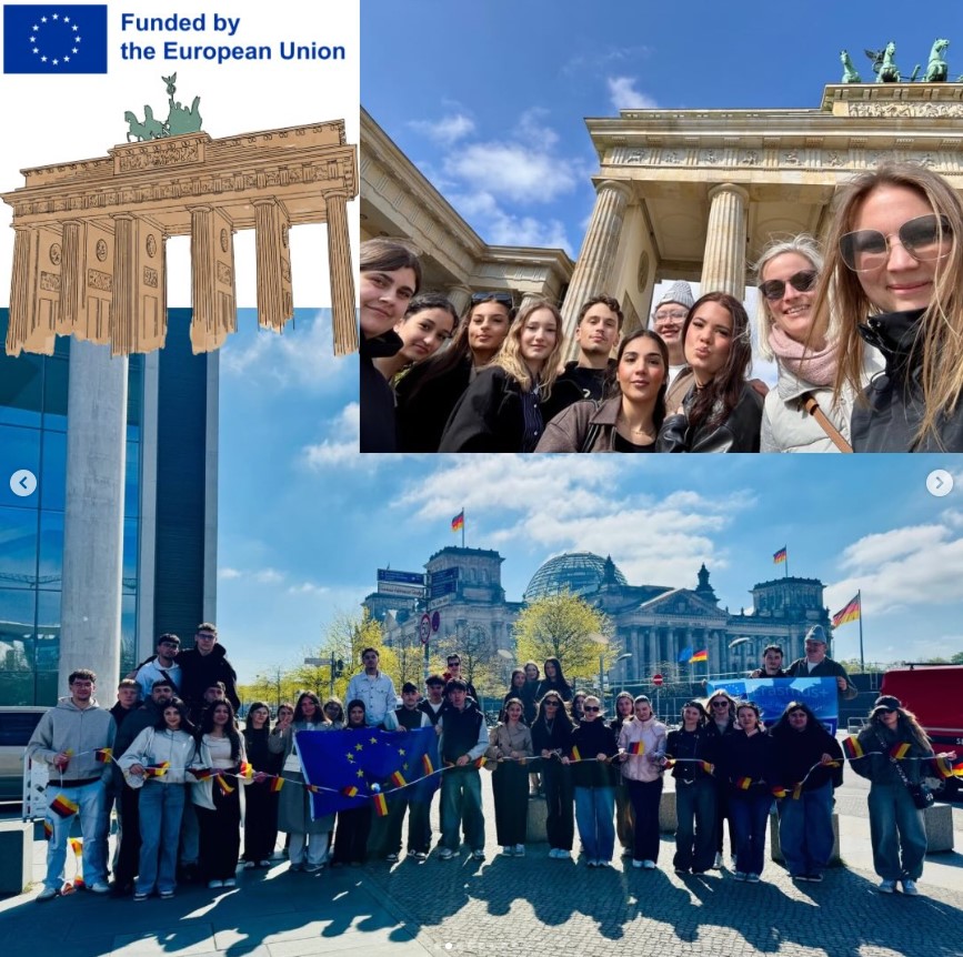 Bildcollage: Schüler stehen vor dem Brandenburger Tor und dem Reichstag. Oben links steht: ‘Funded by the European Union’ mit EU-Flagge.