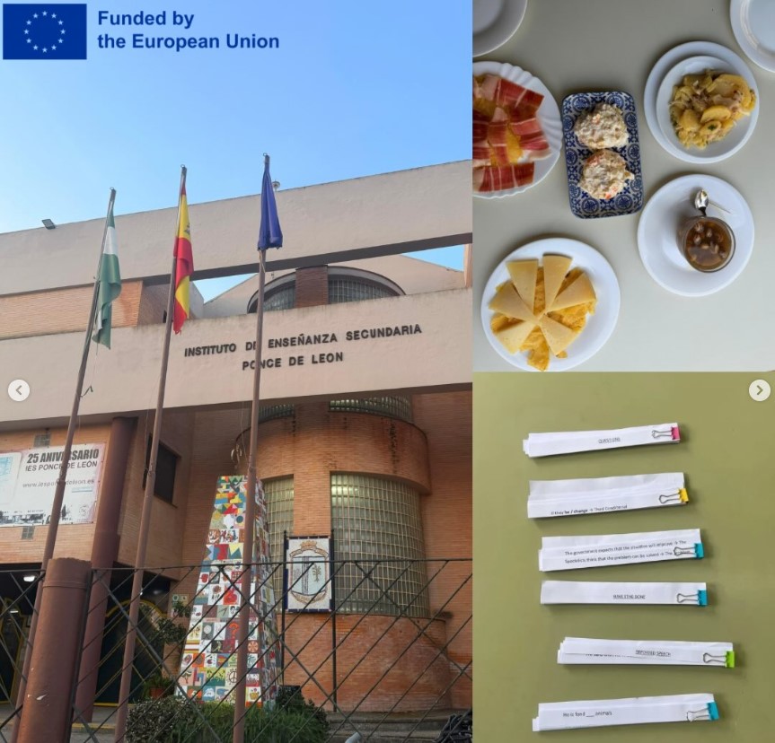 Bildcollage: Links, eine spanische Schulfassade. Oben rechts, spanische Tapas, darunter Papierstreifen mit farbigen Clips. Oben links steht: ‘Funded by the European Union’ mit EU-Flagge.