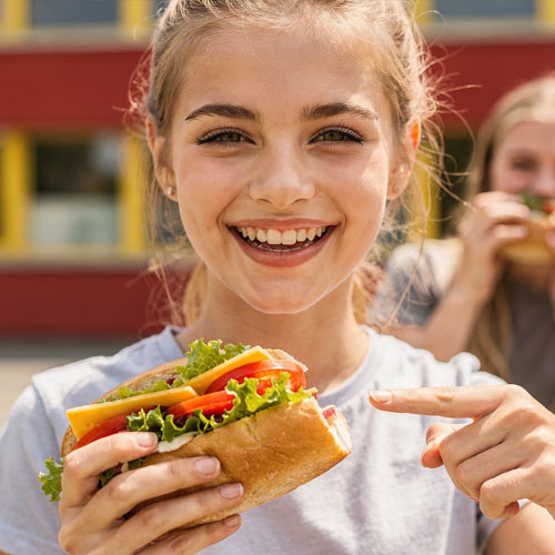 Ein M&auml;dchen zeigt lachend auf ihr Pausenbrot: ein Baguette mit Tomnaten und Salat. 
