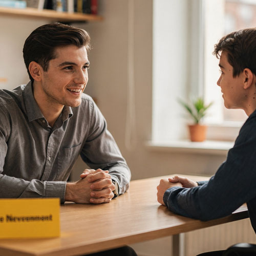 Beratungssituation: Ein Lehrer lacht einem Sch&uuml;ler zu. Die beiden sitzen sich an einem Tisch gegen&uuml;ber. 