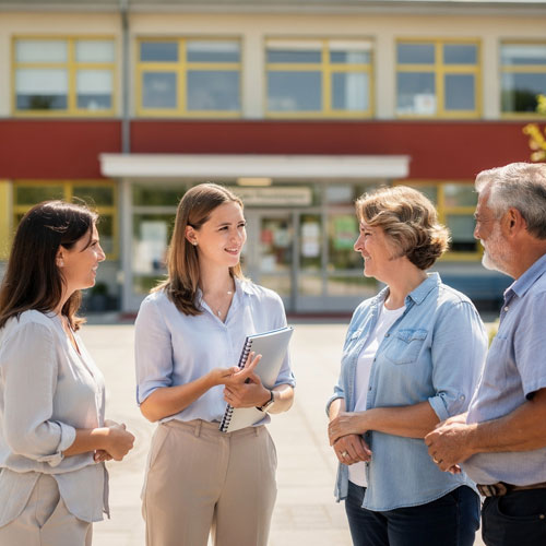 Eine Lehrerin mit Papieren in der Hand erkl&auml;rt drei Erwachsenen etwas auf dem sonnigen Pausenhof. 