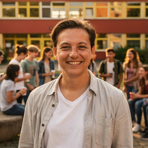 Ein lachender, jugendlicher, Junge steht vor der Schulfassade, blickt in die Kamera. Im Hintergrund herscht Pausentreiben. 