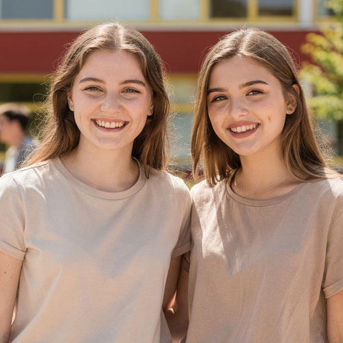 Zwei M&auml;dchen lachen in die Kamera. Im Hintergrund die Schulfassade in der Sonne. 